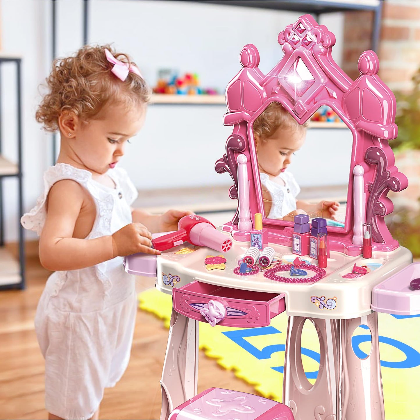 Zaddgiuuy Pretend Play Makeup Table Set with Stool — Lights & Music Vanity for Toddlers