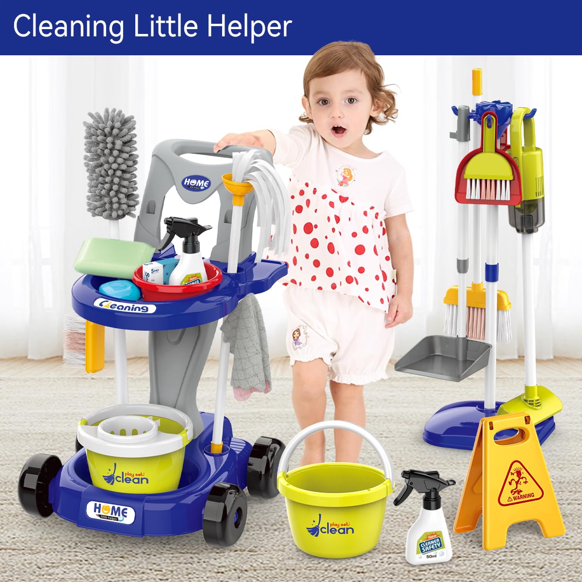 zaddgiuuy Toddler Cleaning Set – 29-Piece Pretend Play Cleaning Cart for Kids (Blue)