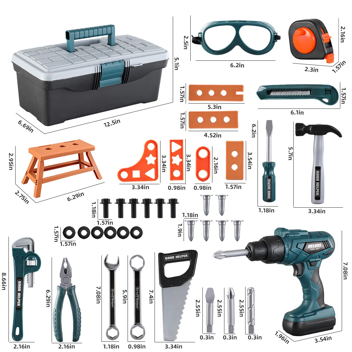 Zealous Toys Kids Tool Box – 48 PCS Pretend Play Tools Set for Ages 3-8 | Construction Play Kit