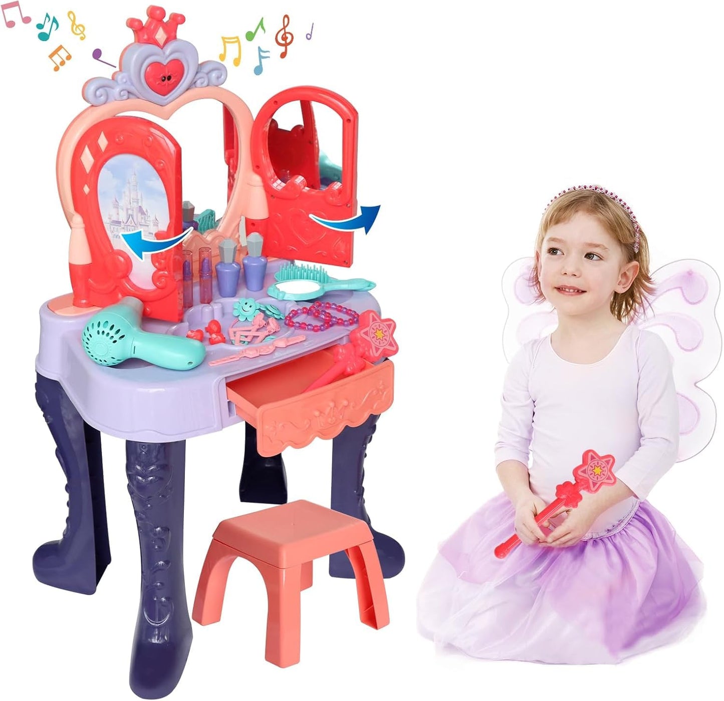 Zefinot Toddler Vanity Table with Mirror, Lights & Music – Girls Vanity Set for Ages 3-5