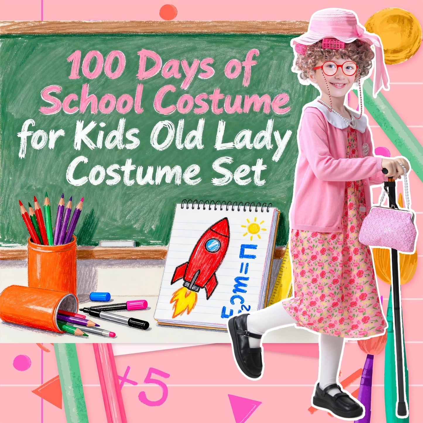 ZelJoyla 100 Days of School Old Lady Costume for Girls - 13-Piece Granny Dress-Up Set