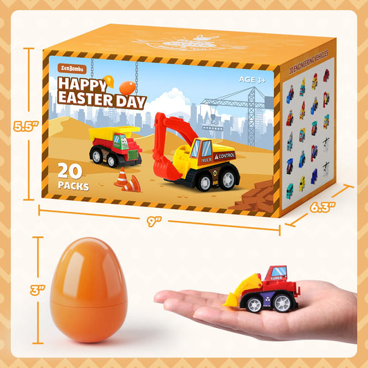 ZenBombs Easter Eggs with Toys Inside - 20pcs Colorful Plastic Eggs for Kids – Surprise Vehicles for Easter Hunt & Party Favors