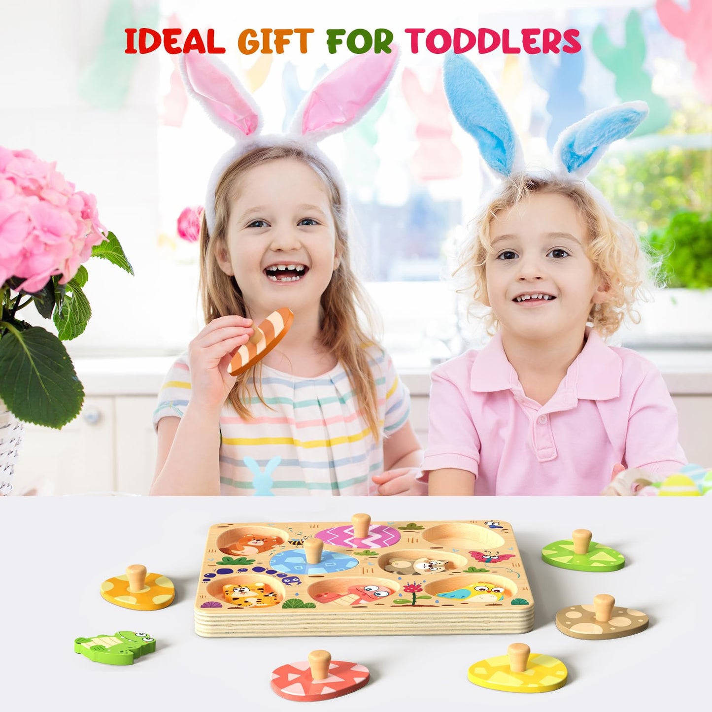 Zeoddler Wooden Puzzles for Toddlers – 8 Pcs Animal Egg Matching Montessori Toys
