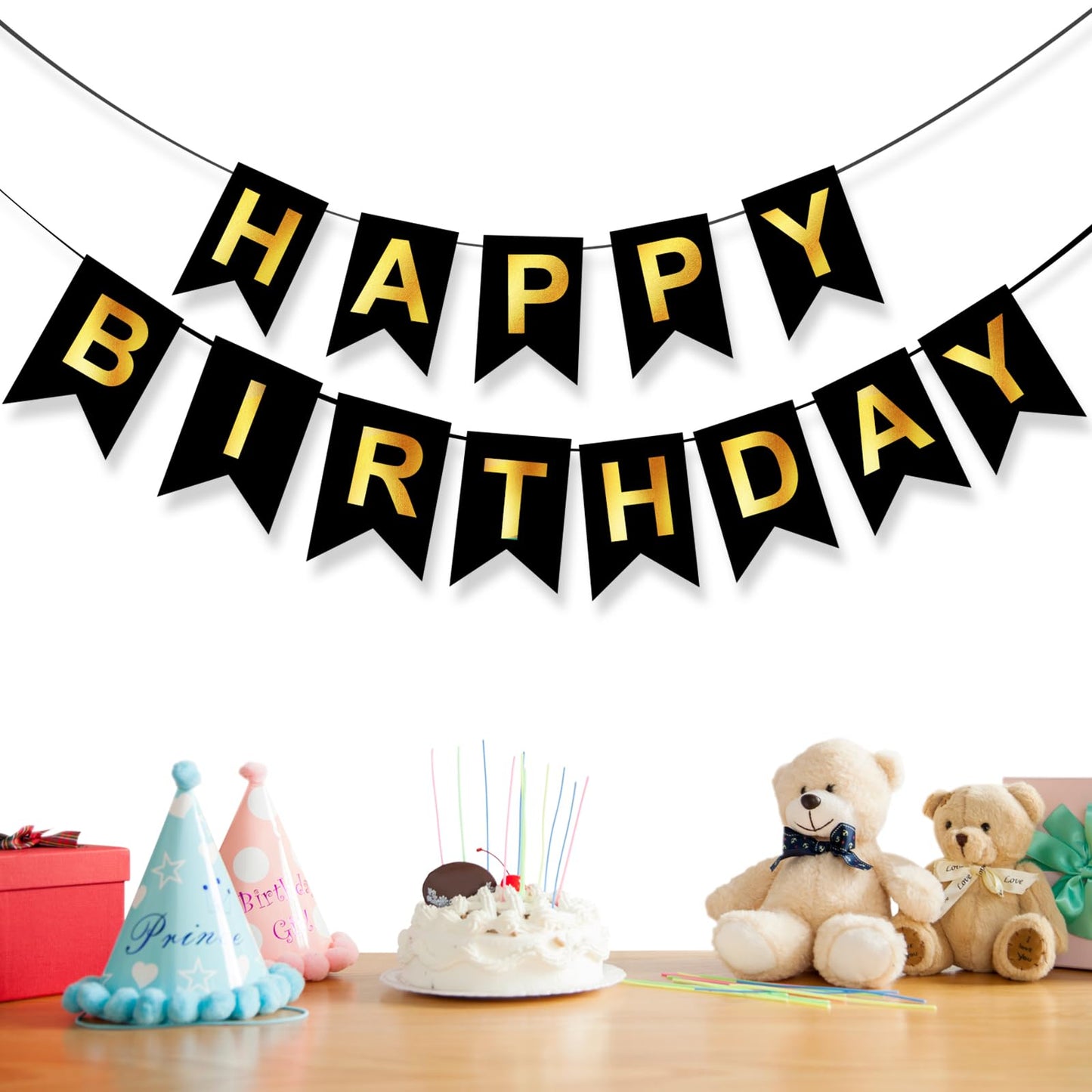 ZGIMI Happy Birthday Banner - Pre-Strung Black & Gold 16ft Party Decorations