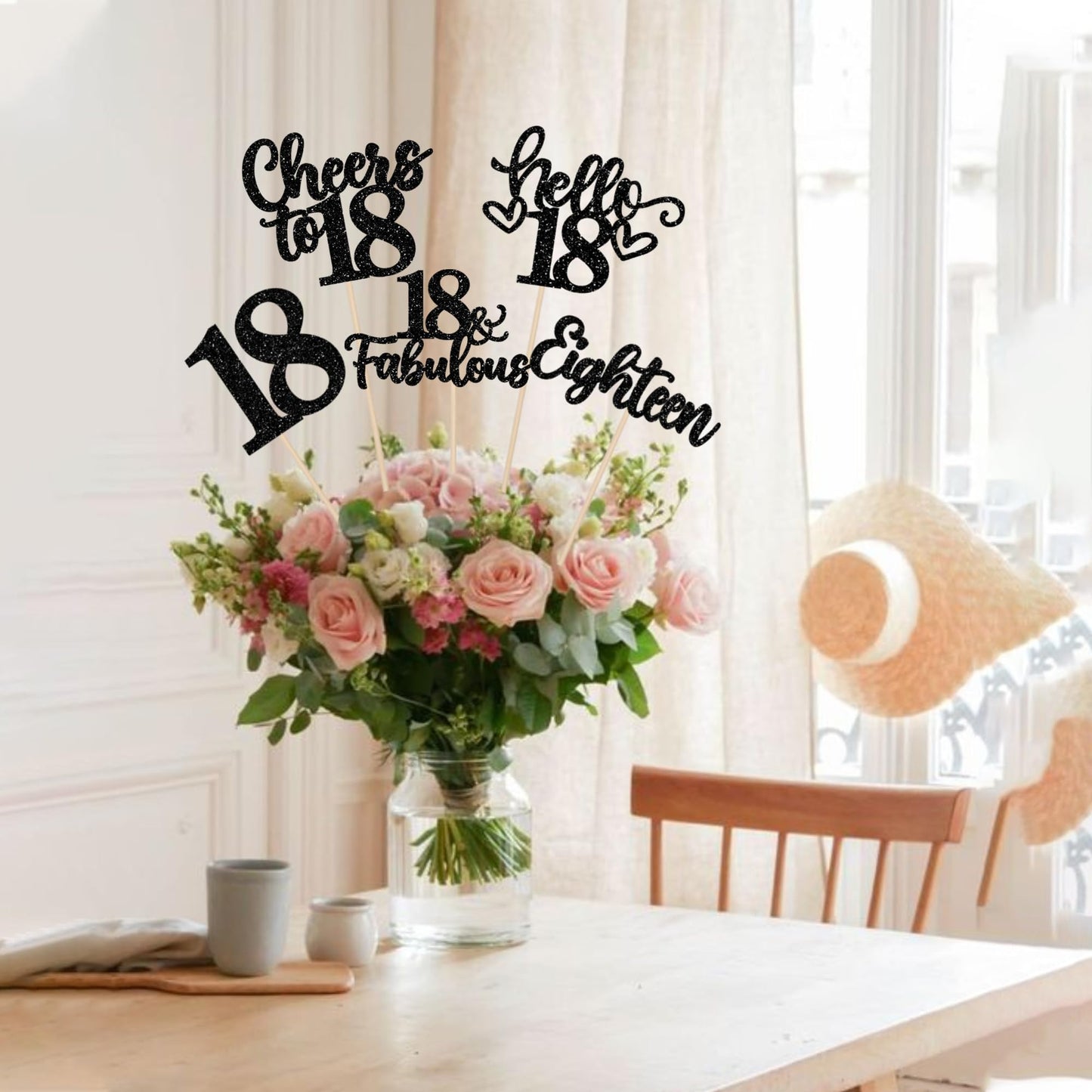 ZHUOWEISM 15pc Happy 18th Birthday Centerpiece Sticks | Hello 18, Cheers to 18 Floral Table Decor
