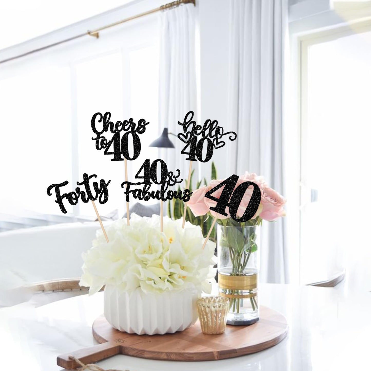 ZHUOWEISM 15Pcs Happy 40th Birthday Centerpiece Sticks – Hello 40, Cheers to 40 Floral Decor (Black Glitter)