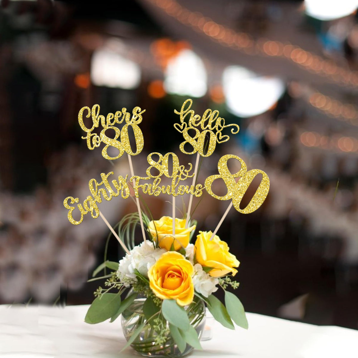 ZHUOWEISM 15Pcs Happy 80th Birthday Centerpiece Sticks – Gold Glitter Hello 80 Fabulous Theme