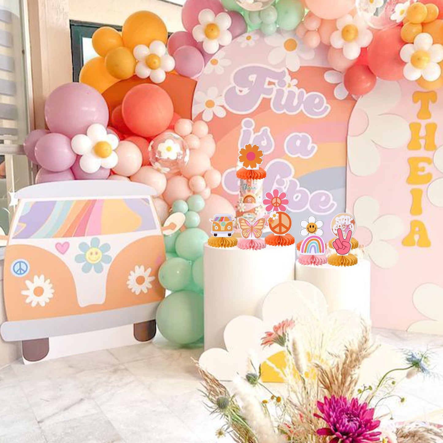 ZHUOWEISM 9-Piece Hippie Honeycomb Centerpieces - Hand Sign Butterfly Daisy 60s Boho Party Decor