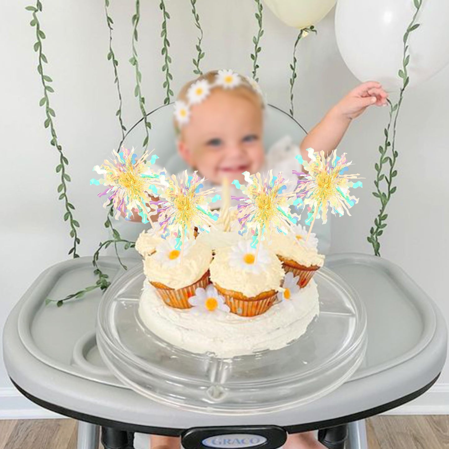 ZHUOWEISM 30 Pcs Foil Firework Cupcake Toppers – Sparkle Tinsel Picks for Birthday, Baby Shower, Graduation, Wedding