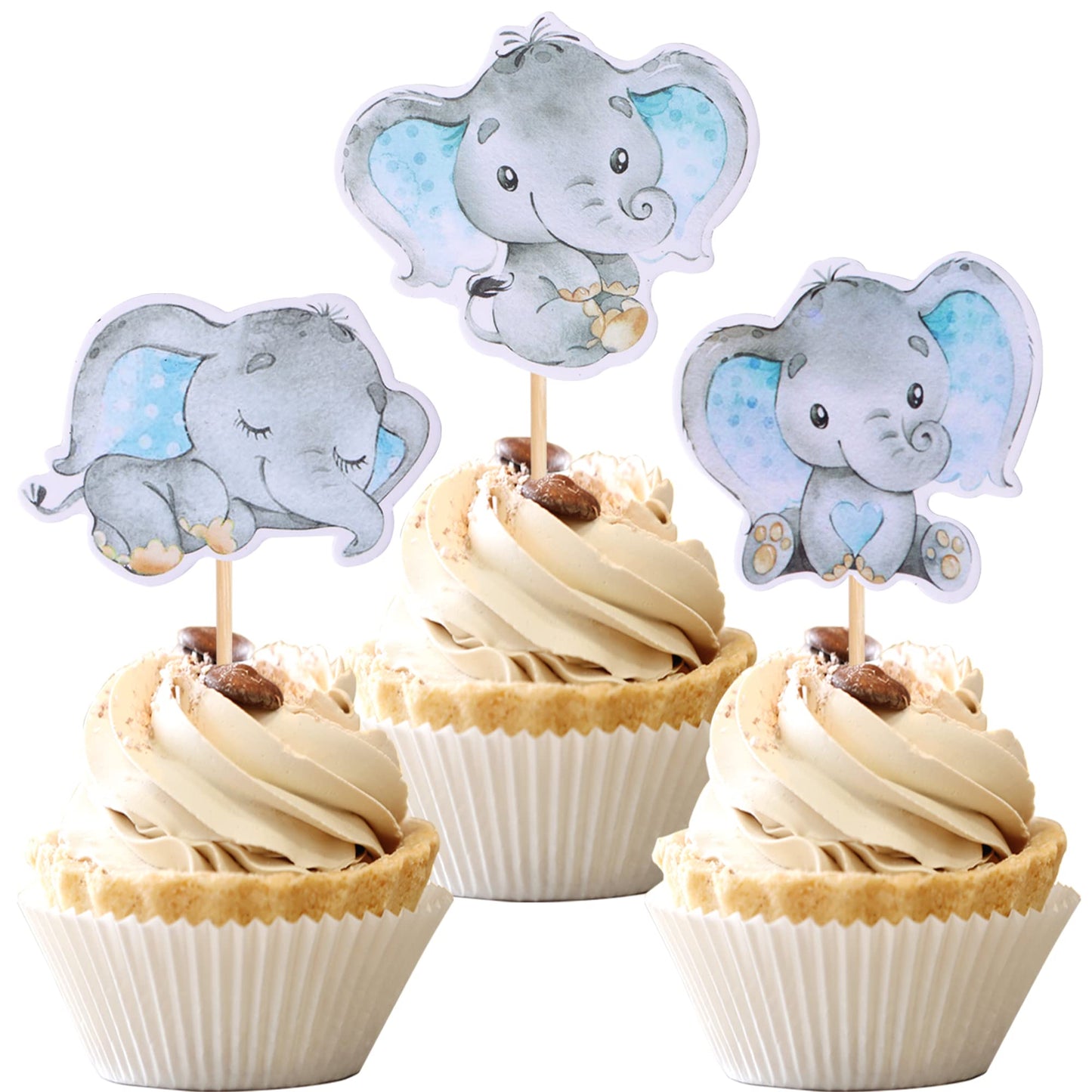 ZHUOWEISM 36Pcs Blue Elephant Cupcake Toppers – Baby Shower & Elephant Theme Party Picks