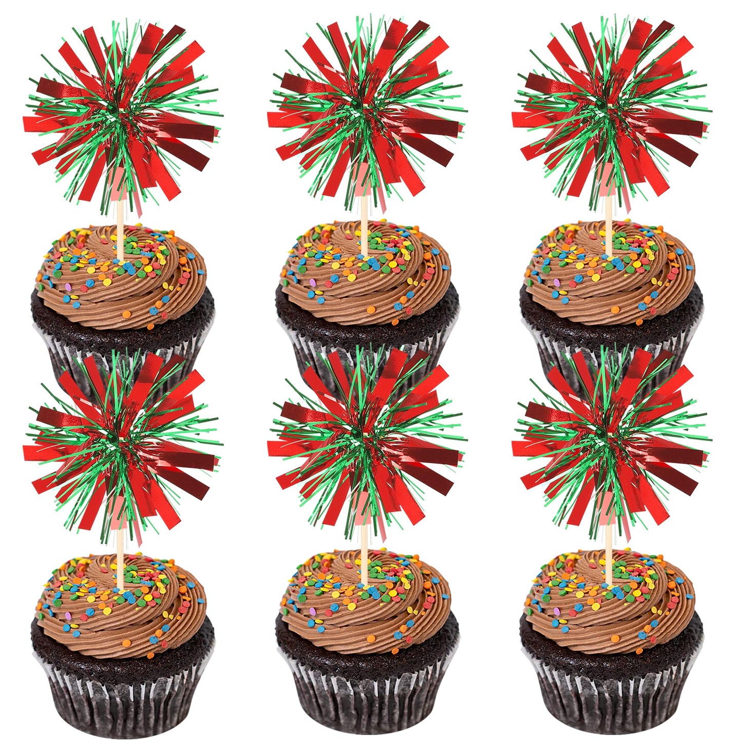 ZHUOWEISM 30 Pcs Foil Firework Cupcake Toppers – Red & Green Sparkle Party Picks, Preassembled Cake Decorations