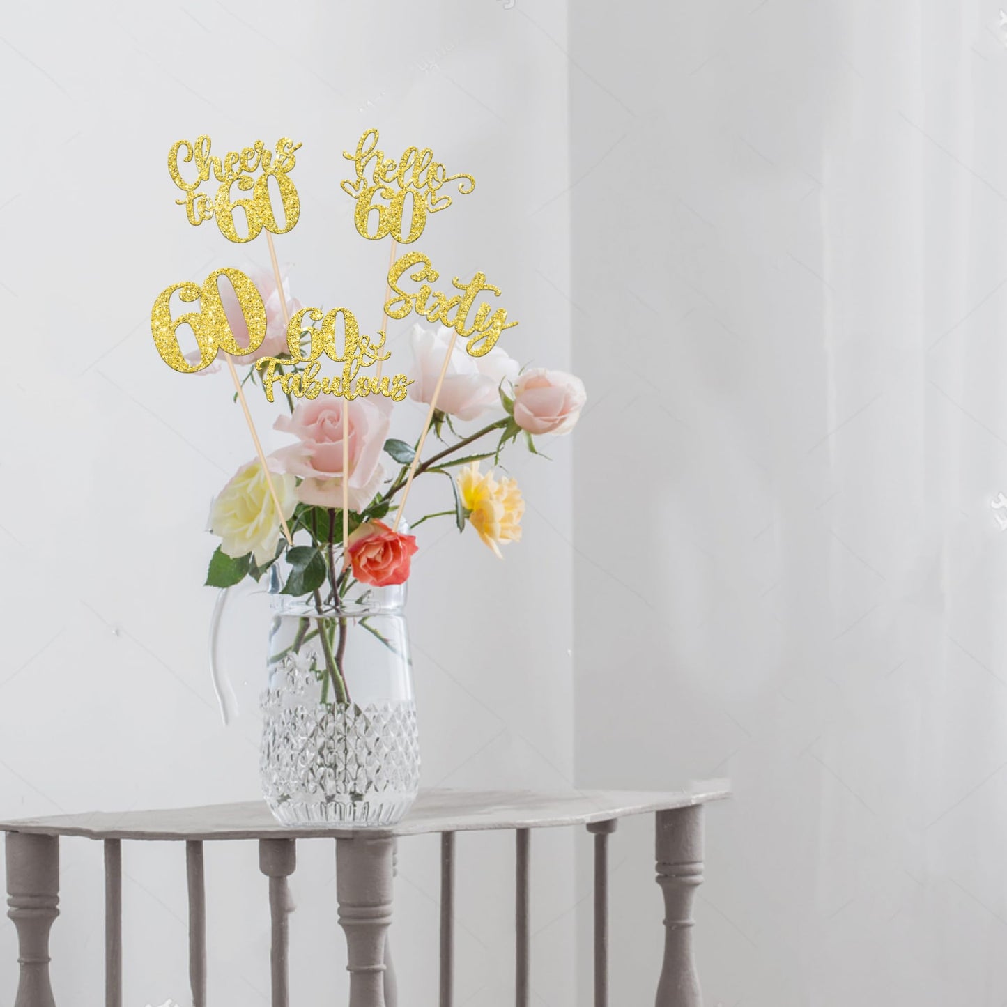 ZHUOWEISM 15Pcs Happy 60th Birthday Centerpiece Sticks – Gold Glitter Floral Decor
