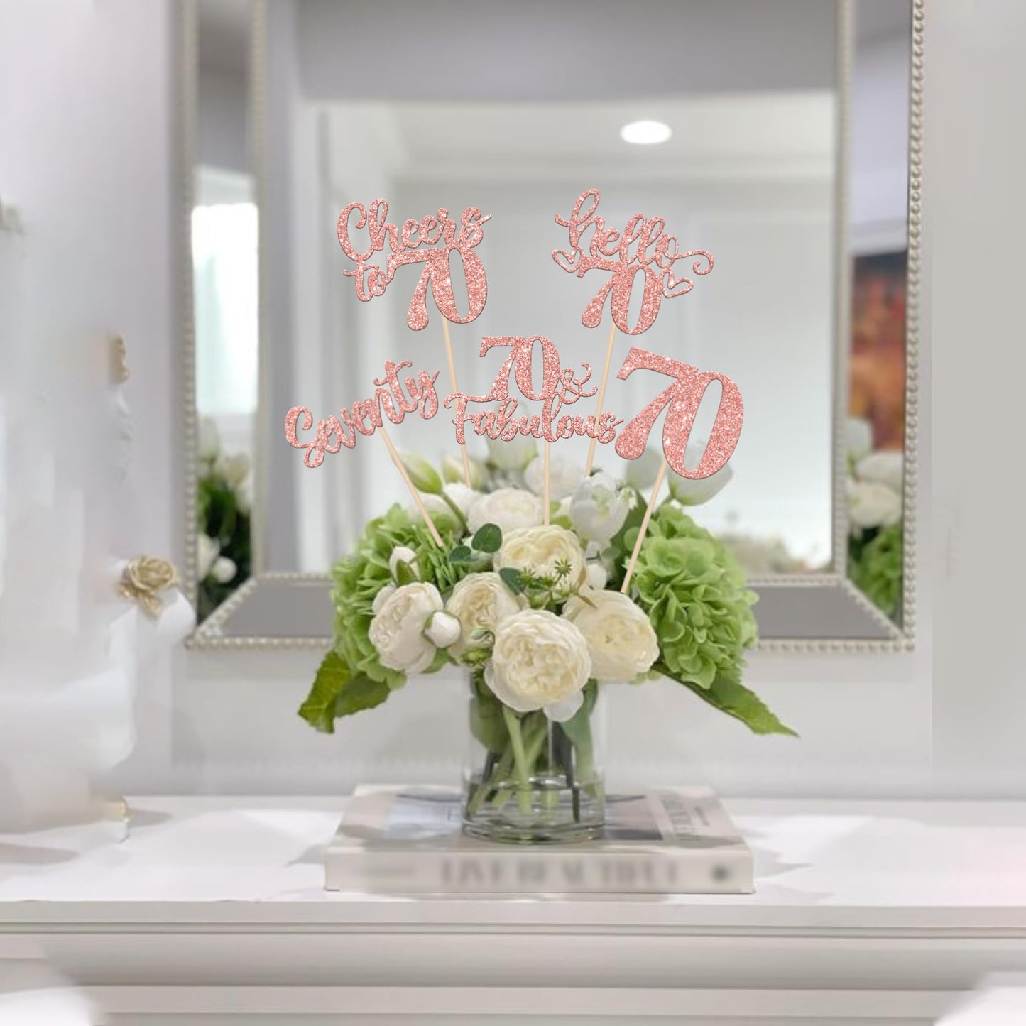 ZHUOWEISM 15-Pack Happy 70th Birthday Centerpiece Sticks – Rose Gold Glitter, 70th Birthday Table Decor