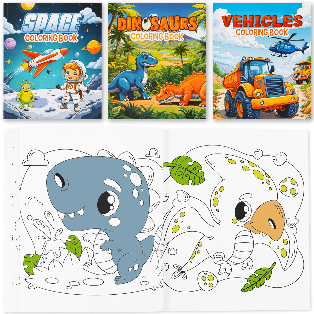 ZICOTO 3-in-1 Kids Coloring Book Set – Dinosaurs, Space & Trucks for Boys Aged 4–8