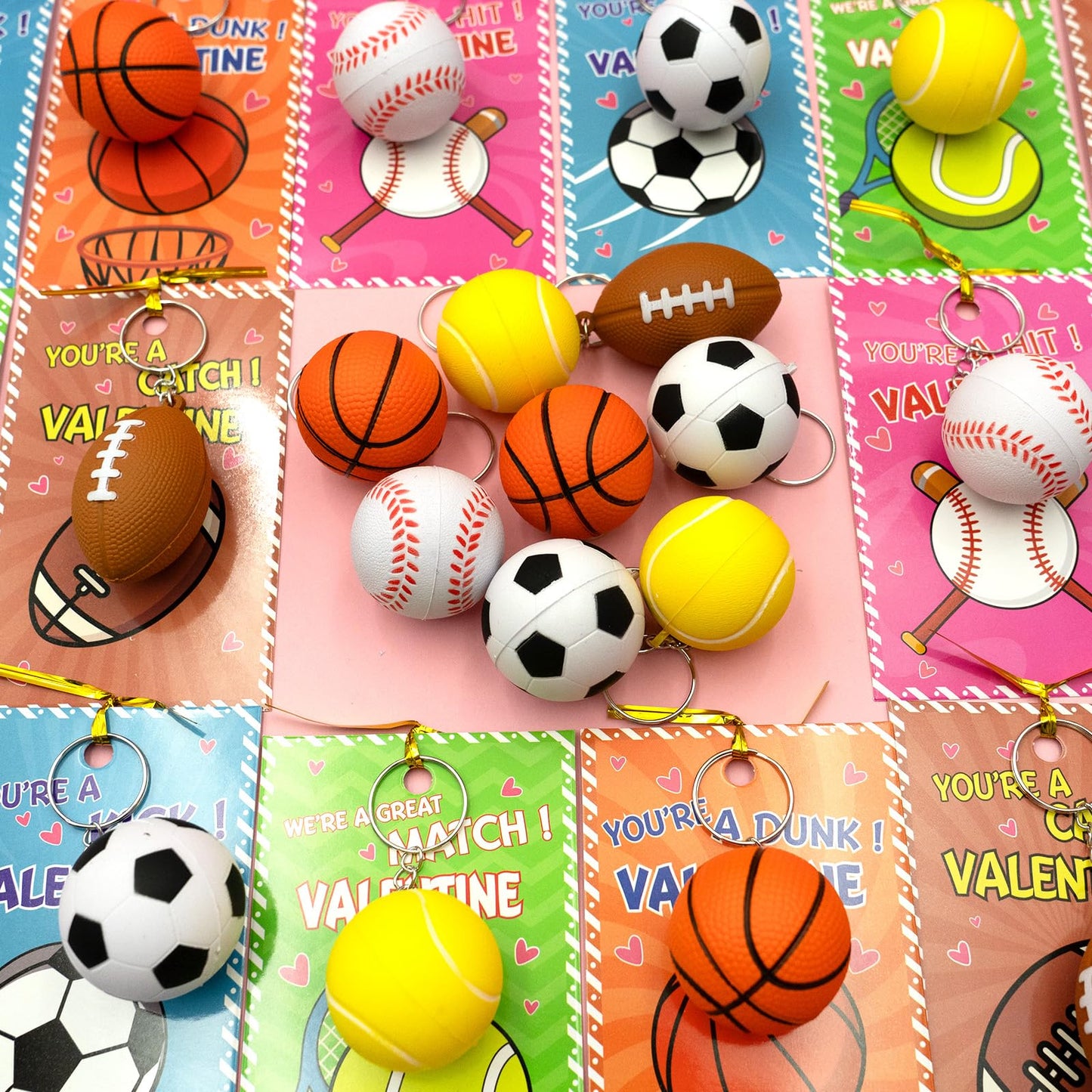 ZICZLI 30 Pack Sports Valentines Cards & Stress Relief Keychains for Kids