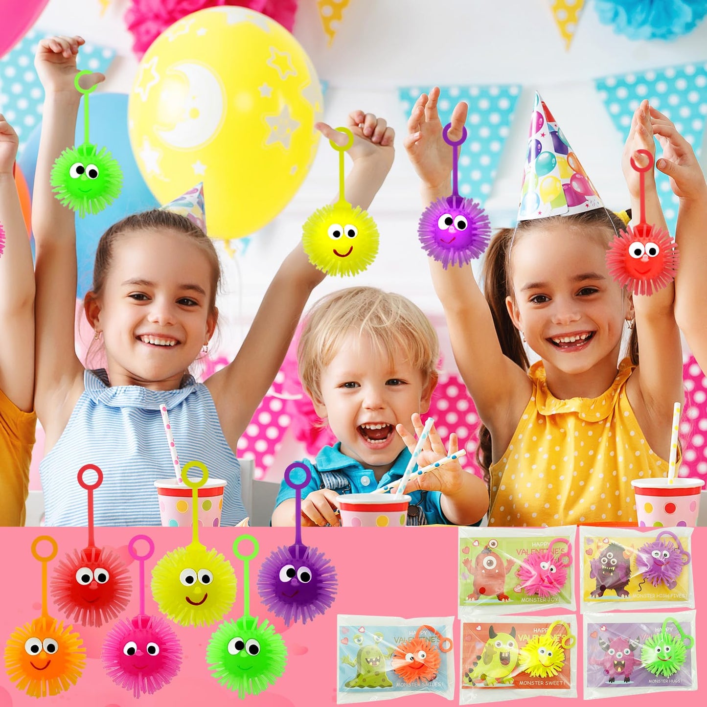 ZICZLI 24-Pack Valentines Gifts for Kids – LED Puffer Balls & Monster Cards