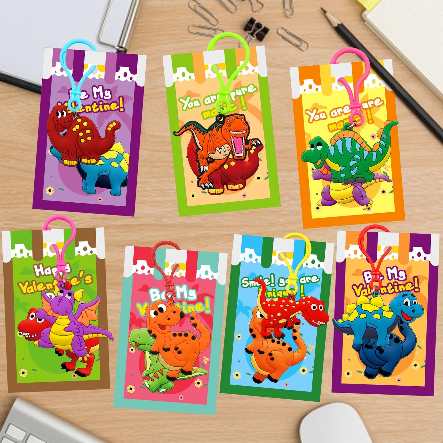 ZICZLI 28-Pack Valentines Day Gifts for Kids — Dinosaur Keychains with Cards