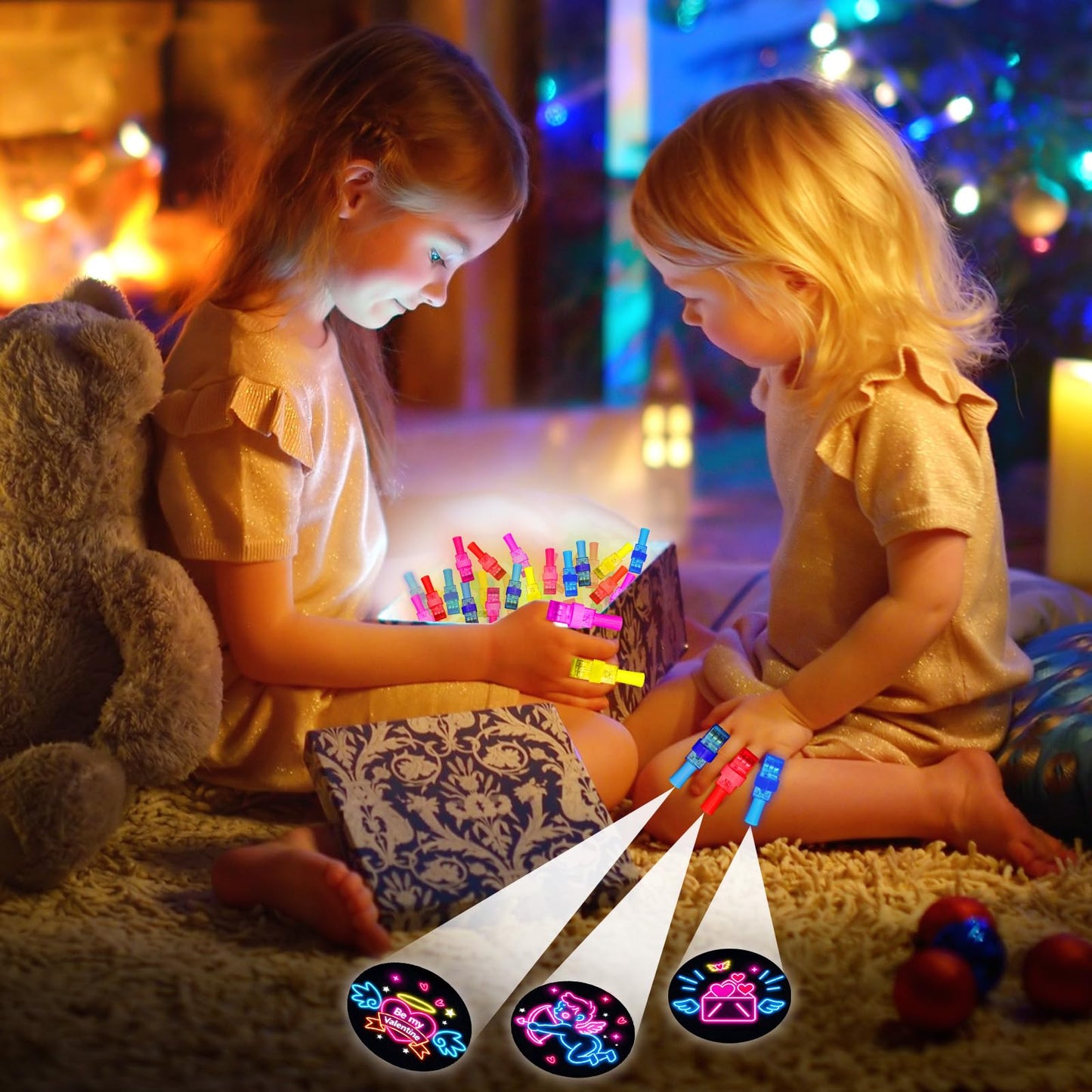 ZICZLI Neon Valentine 28-Pack: LED Finger Lights & Cards for Kids