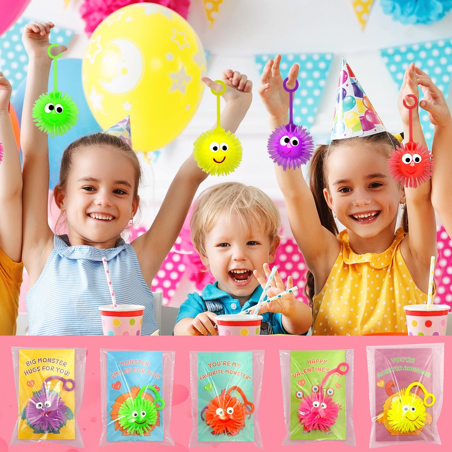 ZICZLI 24 Pack Valentines Day Gifts for Kids - LED Light Up Balls with Monster Cards