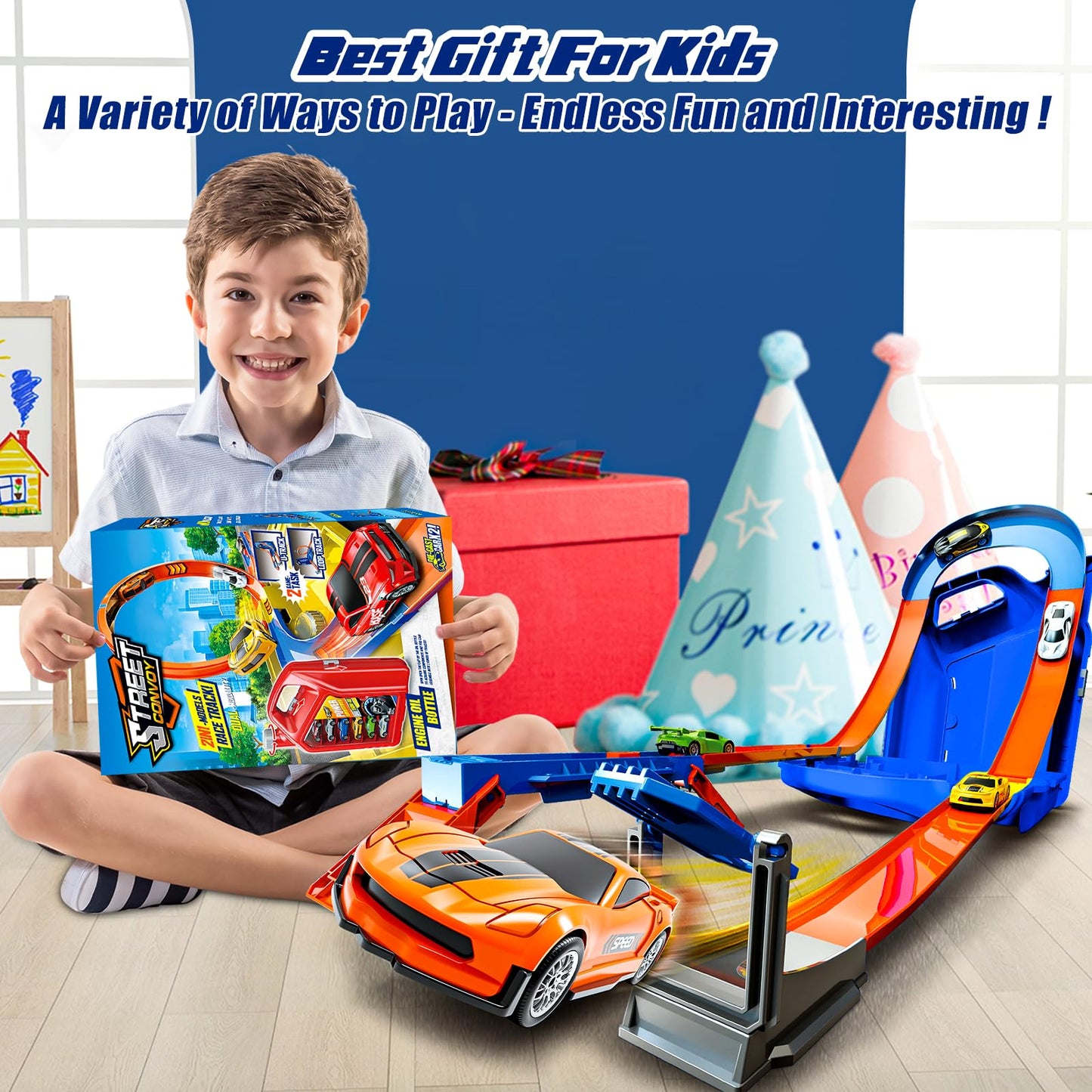Zikhoobusik Race Track Toy Set – 2 Cars, 2-in-1 Track with Storage Box – Blue