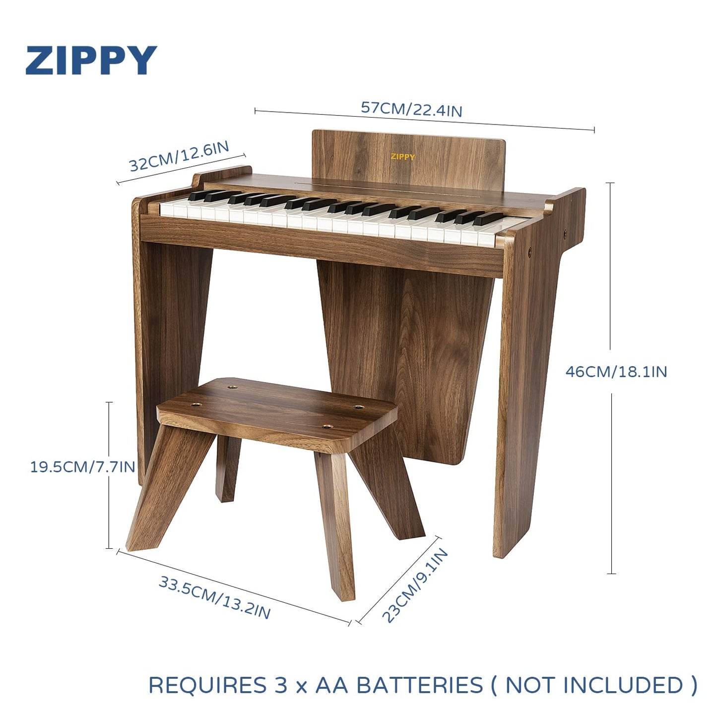 ZIPPY Kids Piano Keyboard — 37 Keys Digital Piano for Kids (Walnut Basic)