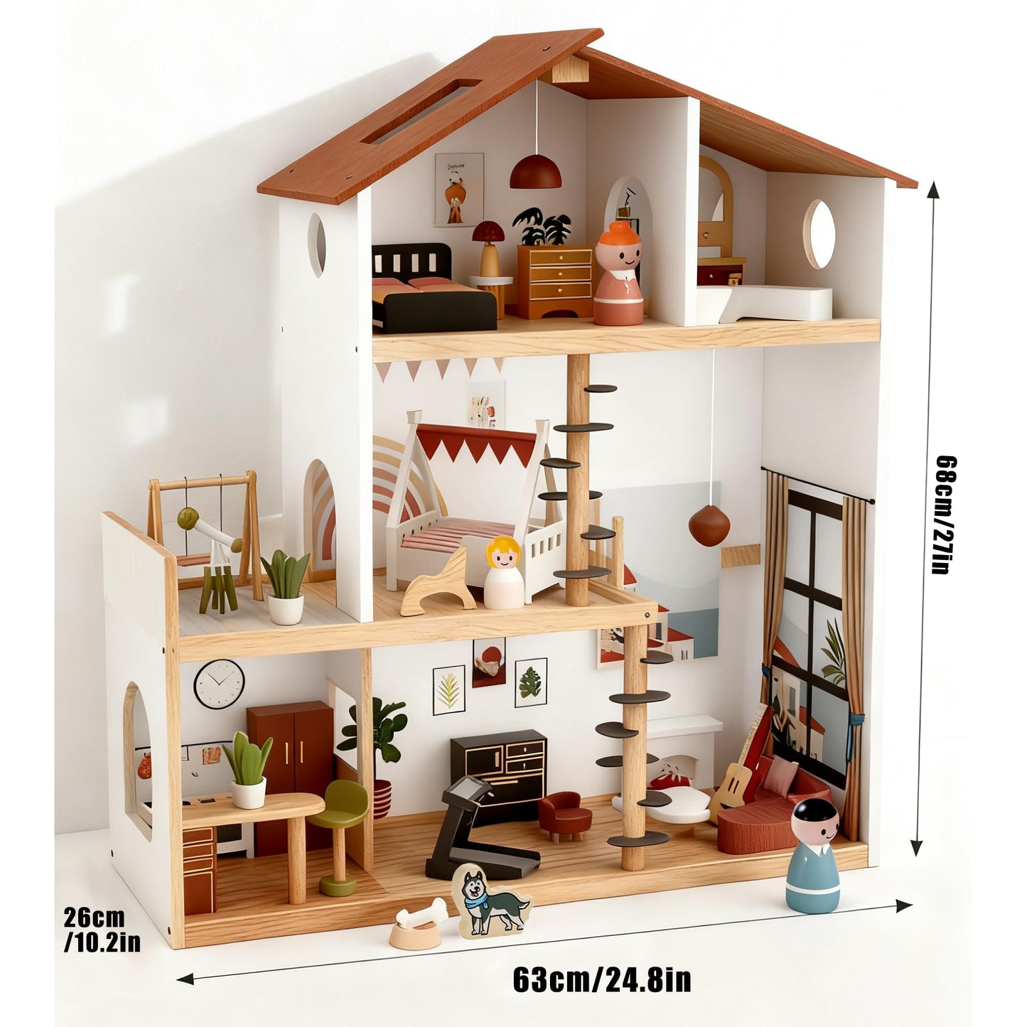 ZippyZebra Wooden Doll House – 6 Rooms, 53-Piece Furniture, Spiral Staircase & Balcony