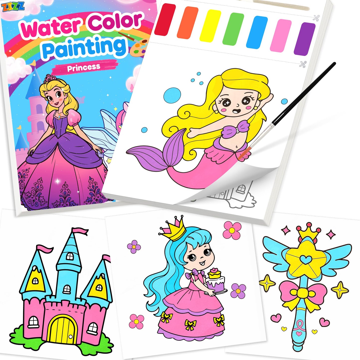 ZIZZ Paint with Water Coloring Book for Kids 3-8 — Mess-Free Princess Art Kit