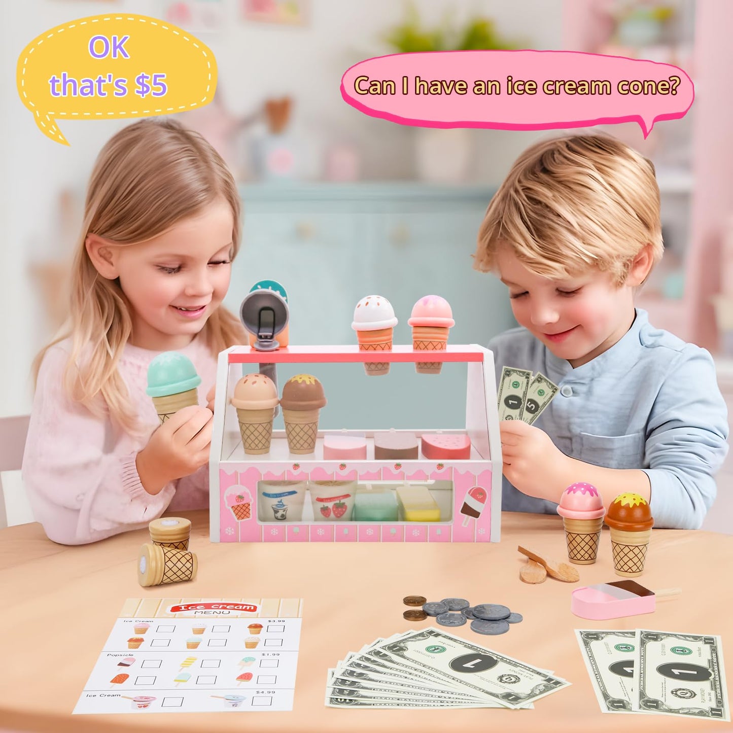ZJEFUNS Wooden Ice Cream Toys for Kids | Pretend Play Counter Shop (Pink)