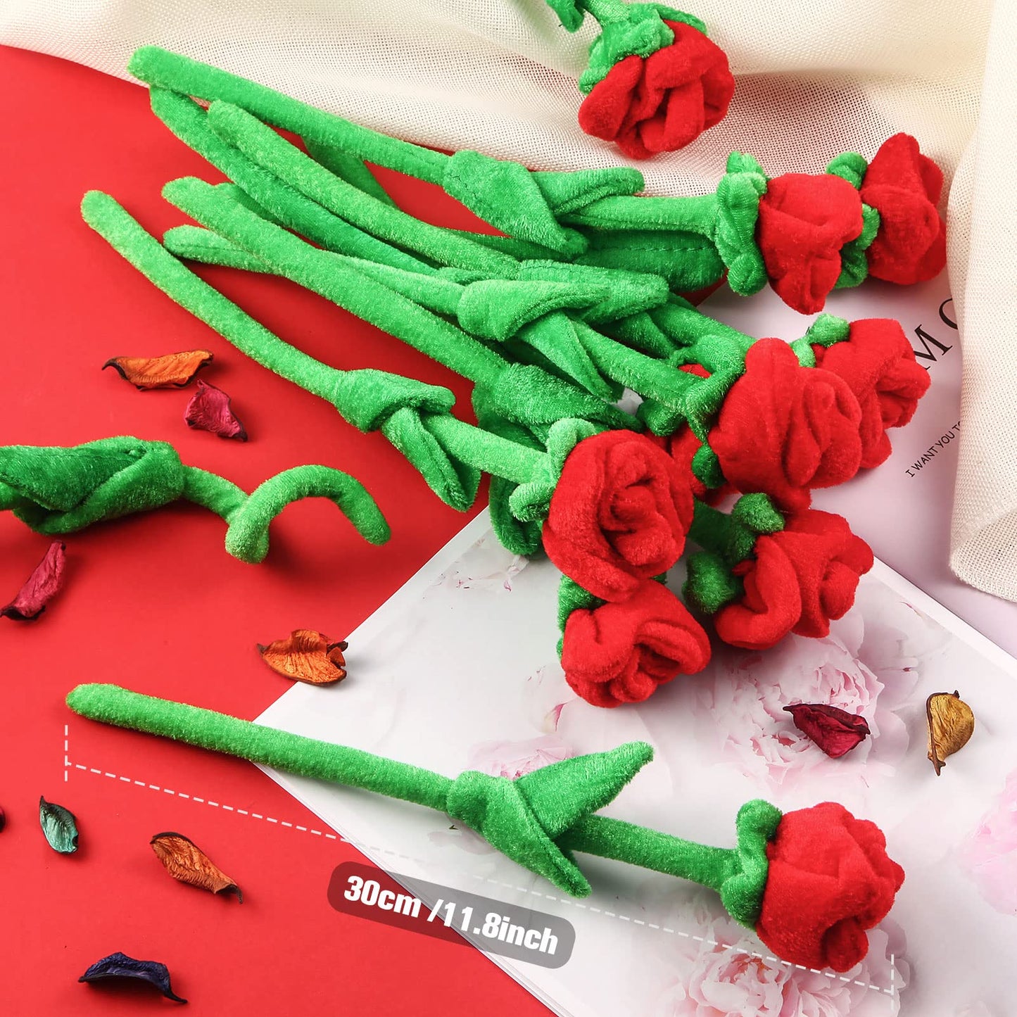 ZJoey 10 Pcs Plush Red Rose with Bendable Stems – 12.6 Inch Plush Bouquet