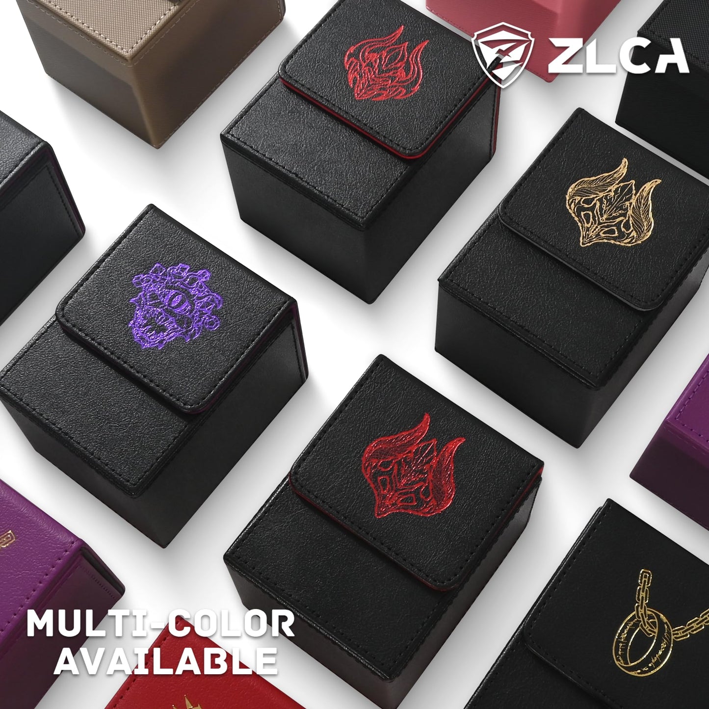 ZLCA 100+ Card Deck Box with 2 Dividers – PU Leather TCG Case for MTG, Yu-Gi-Oh (Black/Red Leaf)