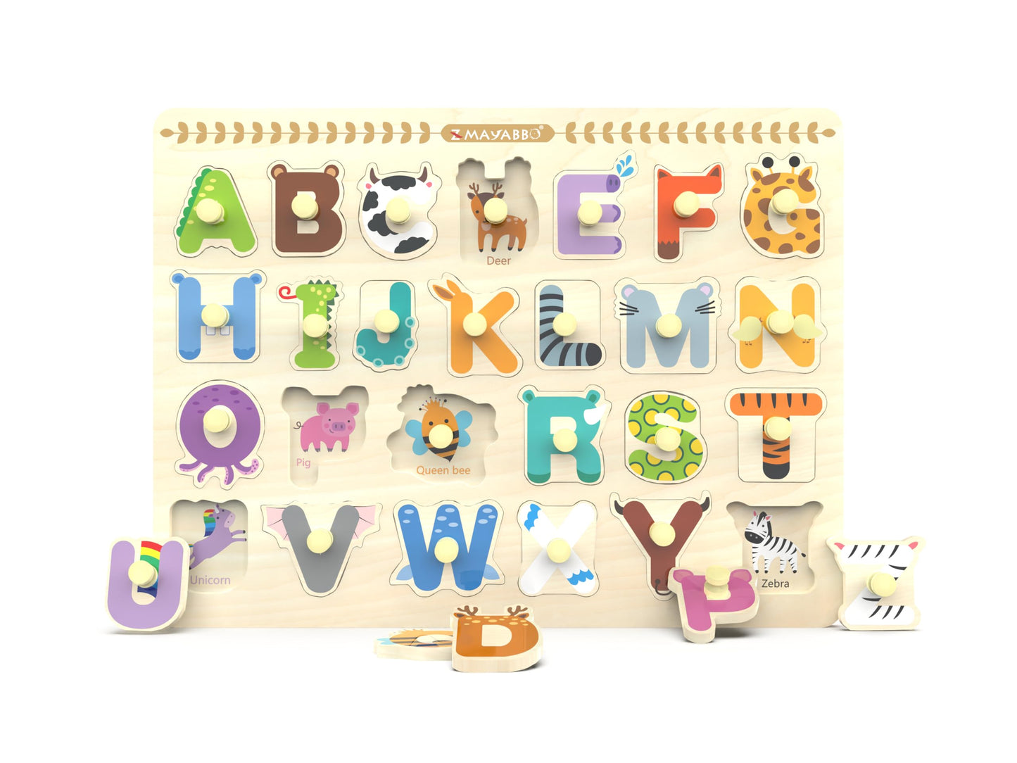 Z MAYABBO Wooden Alphabet Peg Puzzle – 26 Letters with Pictures