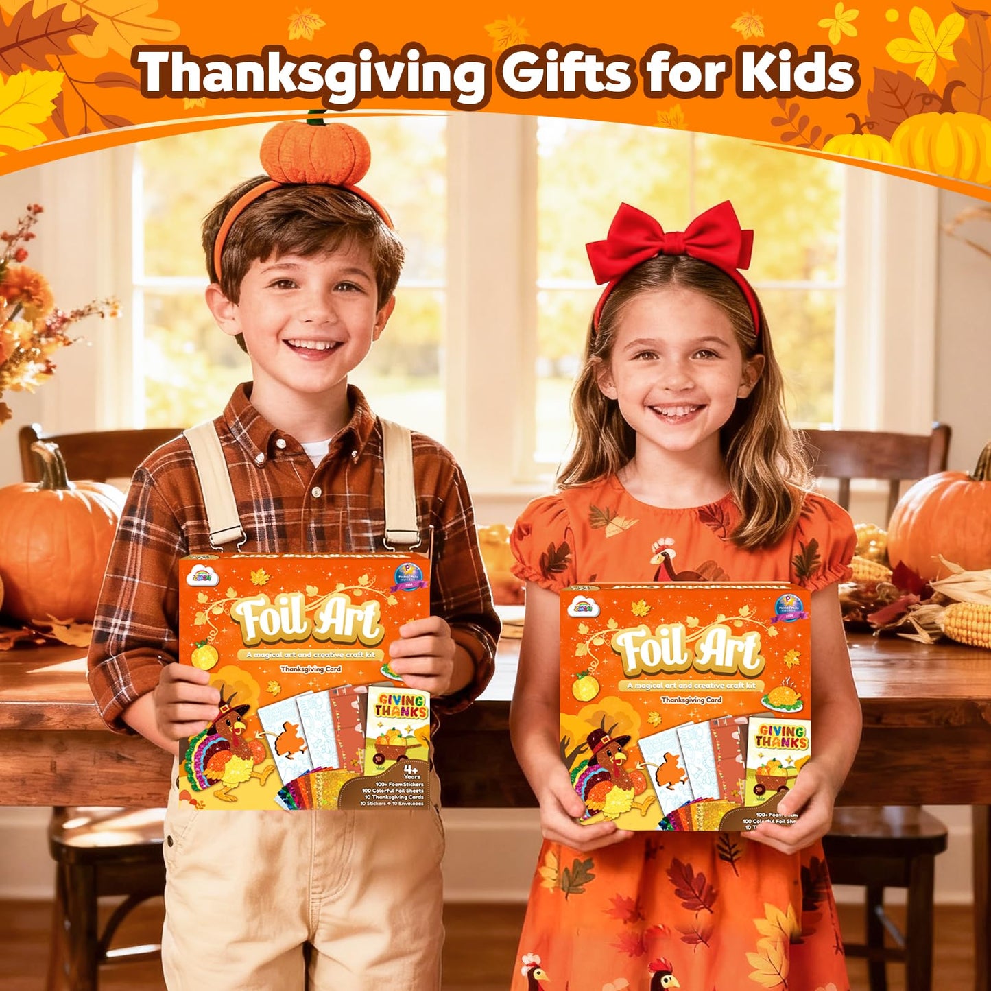 ZMLM Foil Art Kit for Kids – Thanksgiving Cards, No-Mess Craft with Envelopes & Stickers