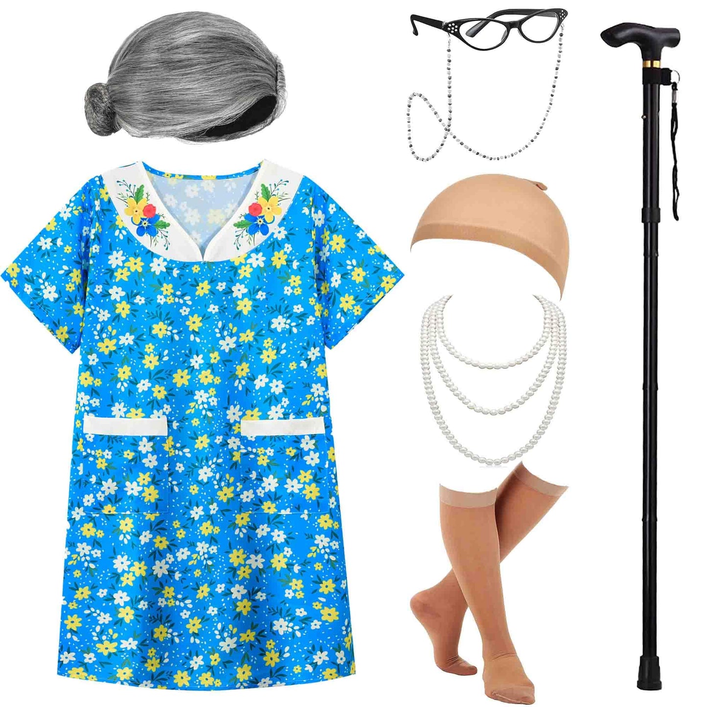 Znorso Old Lady Costume Kit for 100 Days of School & Halloween – Dress, Wig, Cane & More