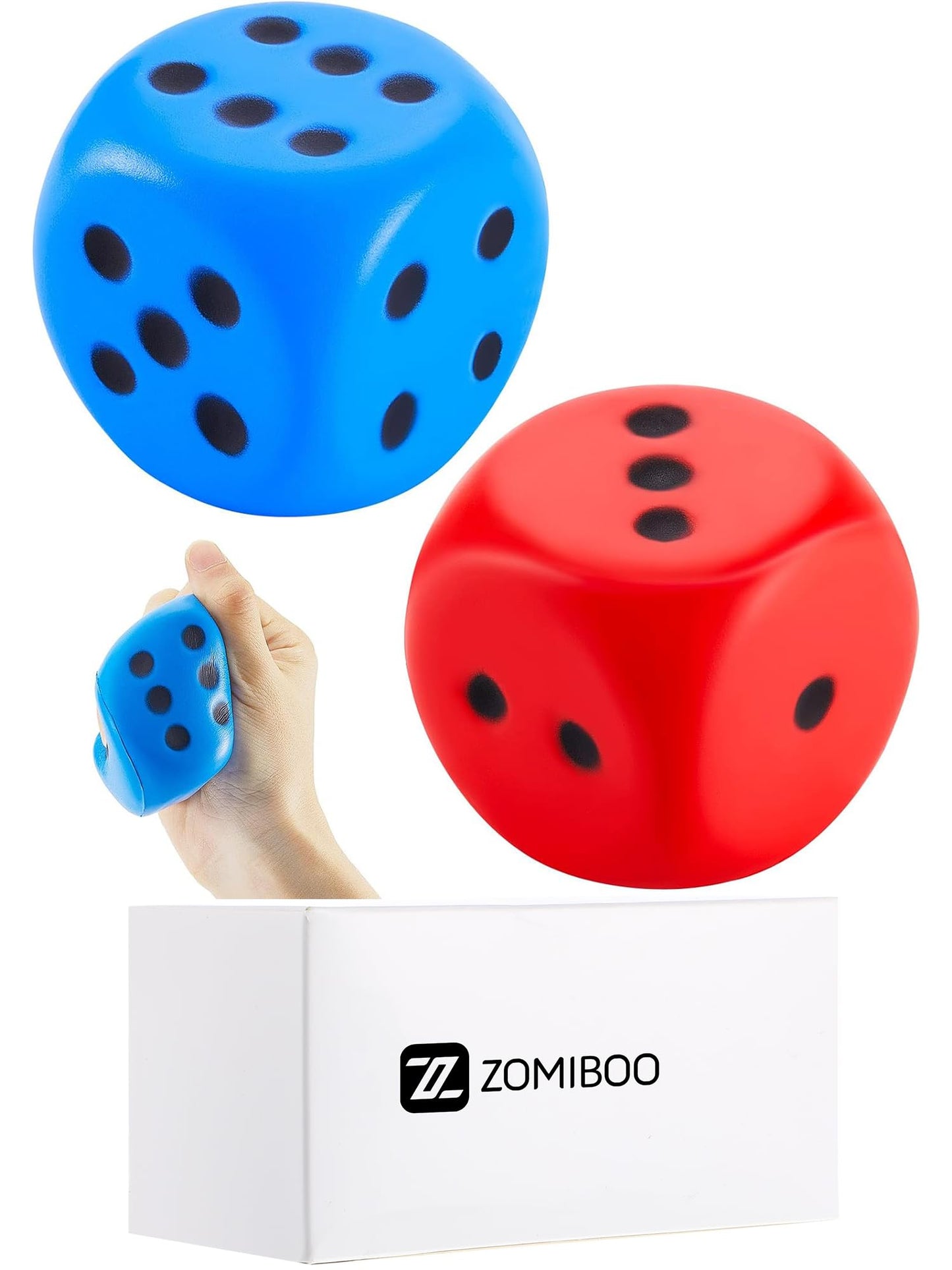 Zomiboo 2 Pcs Large 2.3'' Foam Dice – Giant 6-Sided Dice for Classrooms, Parties, Stress Relief (Red & Blue)