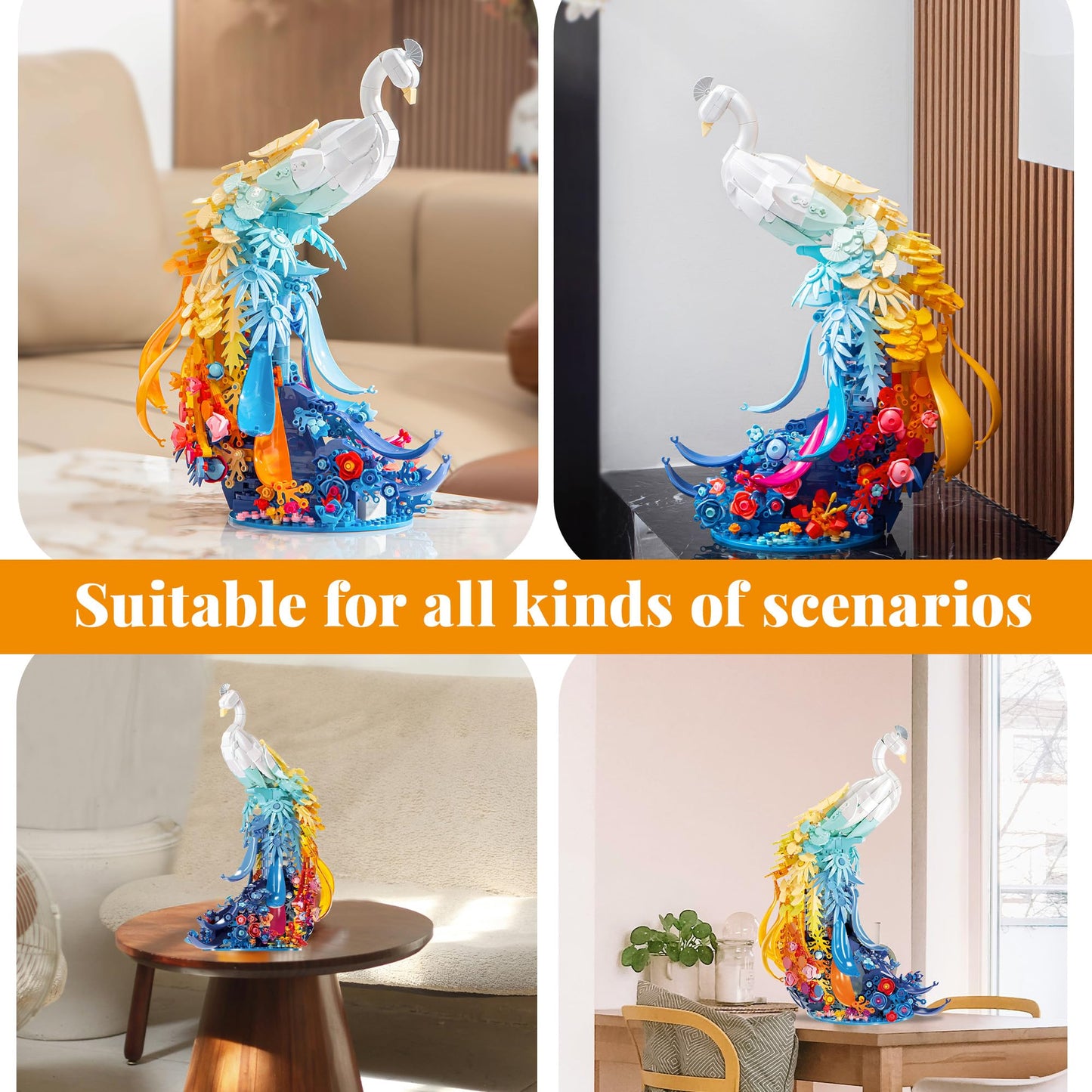 ZONECYTD Peacock Building Set with Floral Base and LED Lights – 1000+ ABS Bricks for Home Decor