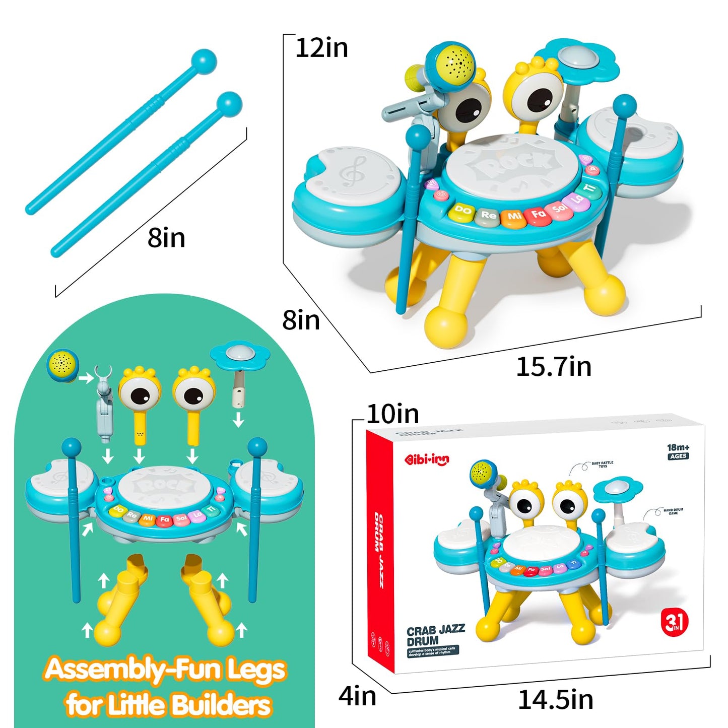 Zsinb Toddler Drum Set (Blue) – Light-Up Microphone & Montessori Toy for 1-3