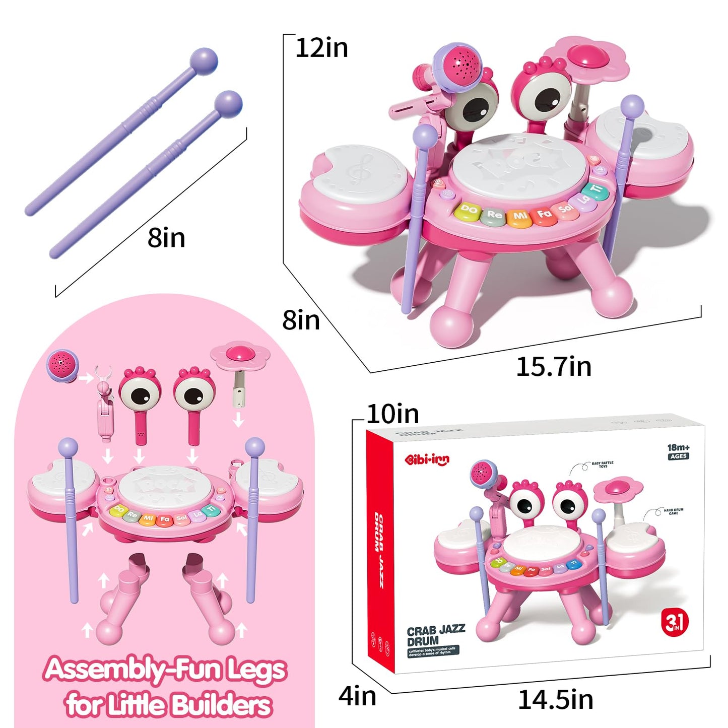 Zsinb Toddler Drum Set (Pink) – Light-Up Microphone, Montessori Music Toy for Ages 1–3