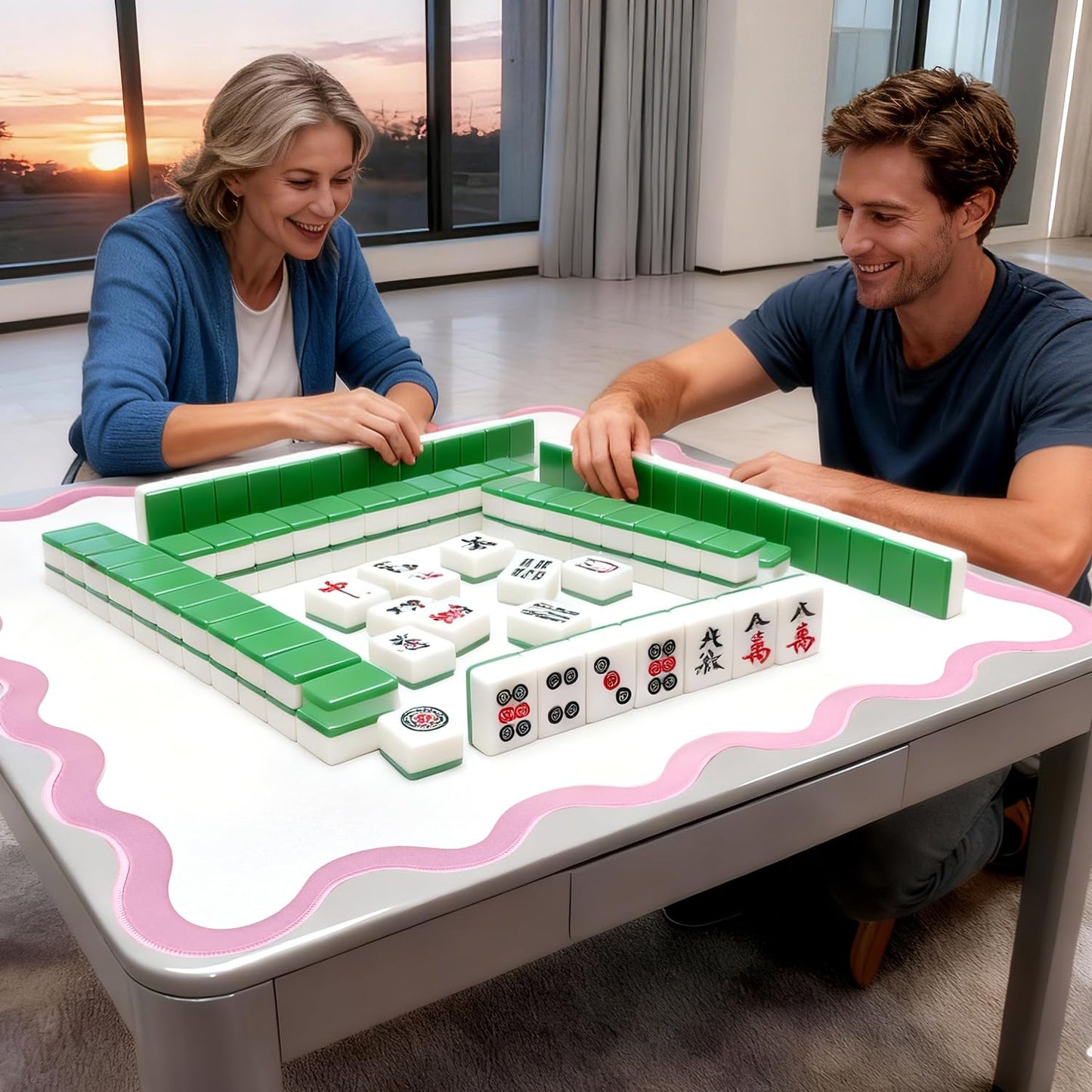 ZWFCGMMBC 32.4in Scalloped Mahjong Mat – Anti-Slip, 4 Dice & 4 Shuffle Cards (Pink)