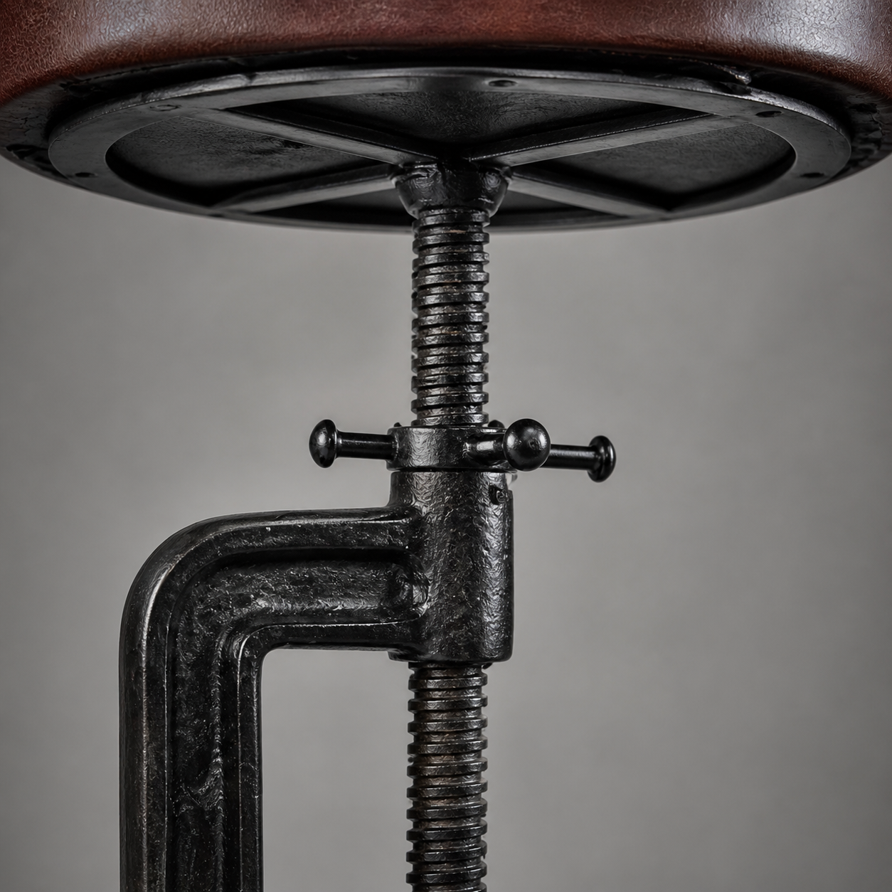 Vice Clamp Adjustable Stool | Cast Iron Industrial Seat | Leather Top