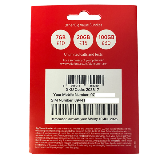 Vodafone Pay As You Go Sim Card 30 Day Bundle - £20