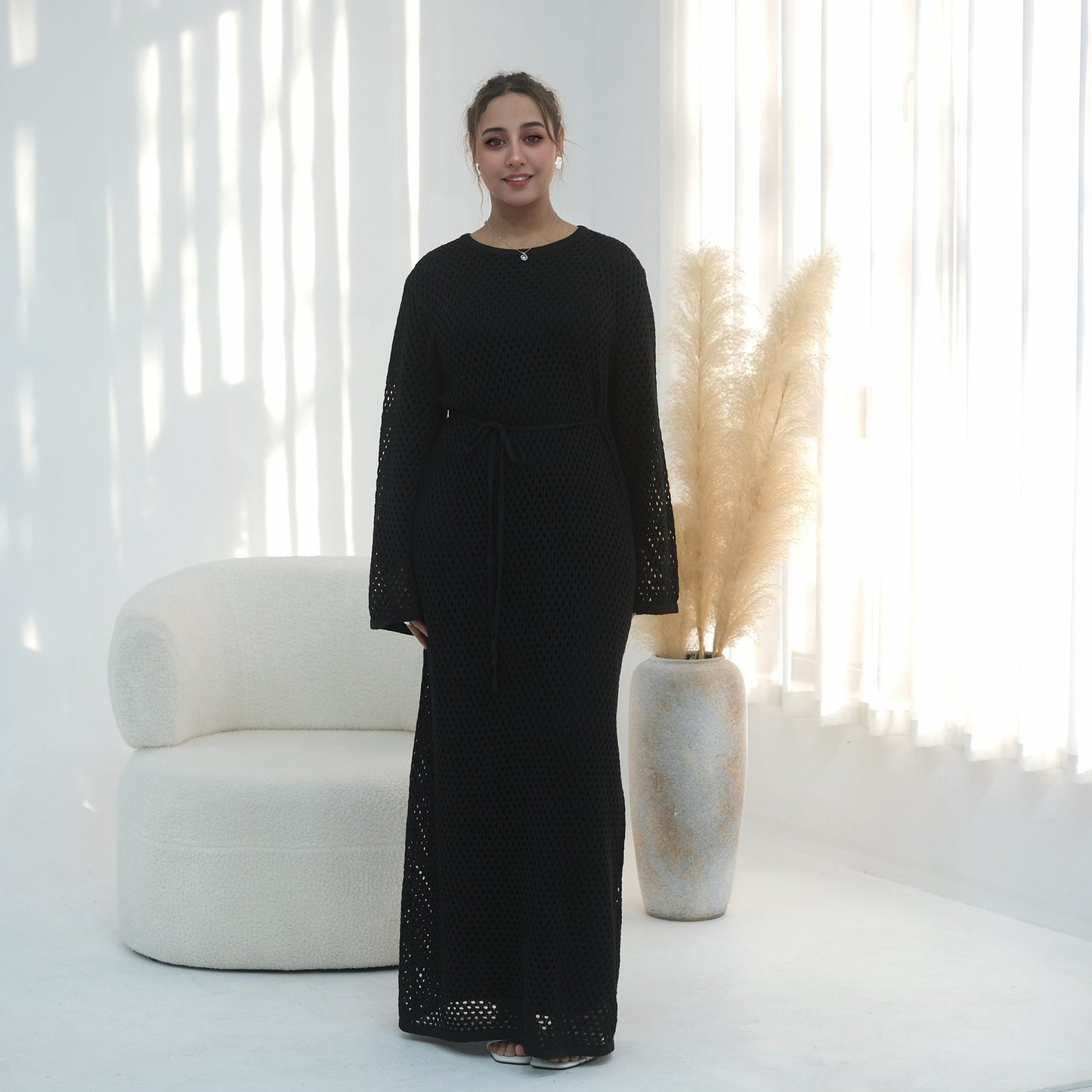 Elegant Hollow-Out Knit Dress - Modest A-Line Long Sleeve