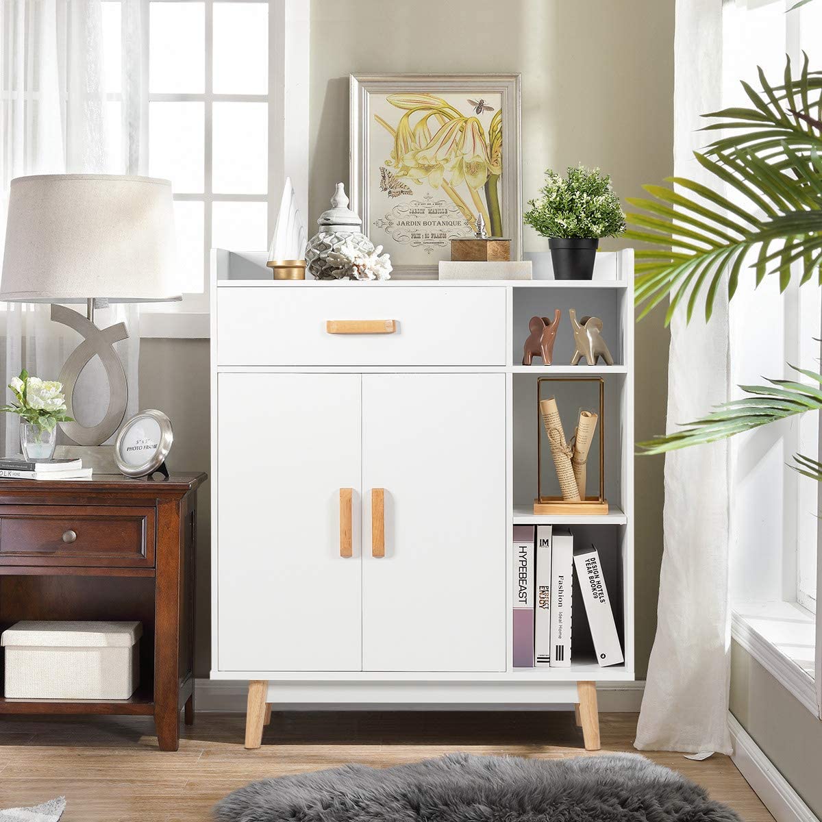 Freestanding Wooden Bookcase with Drawer and Adjustable Shelves-Black