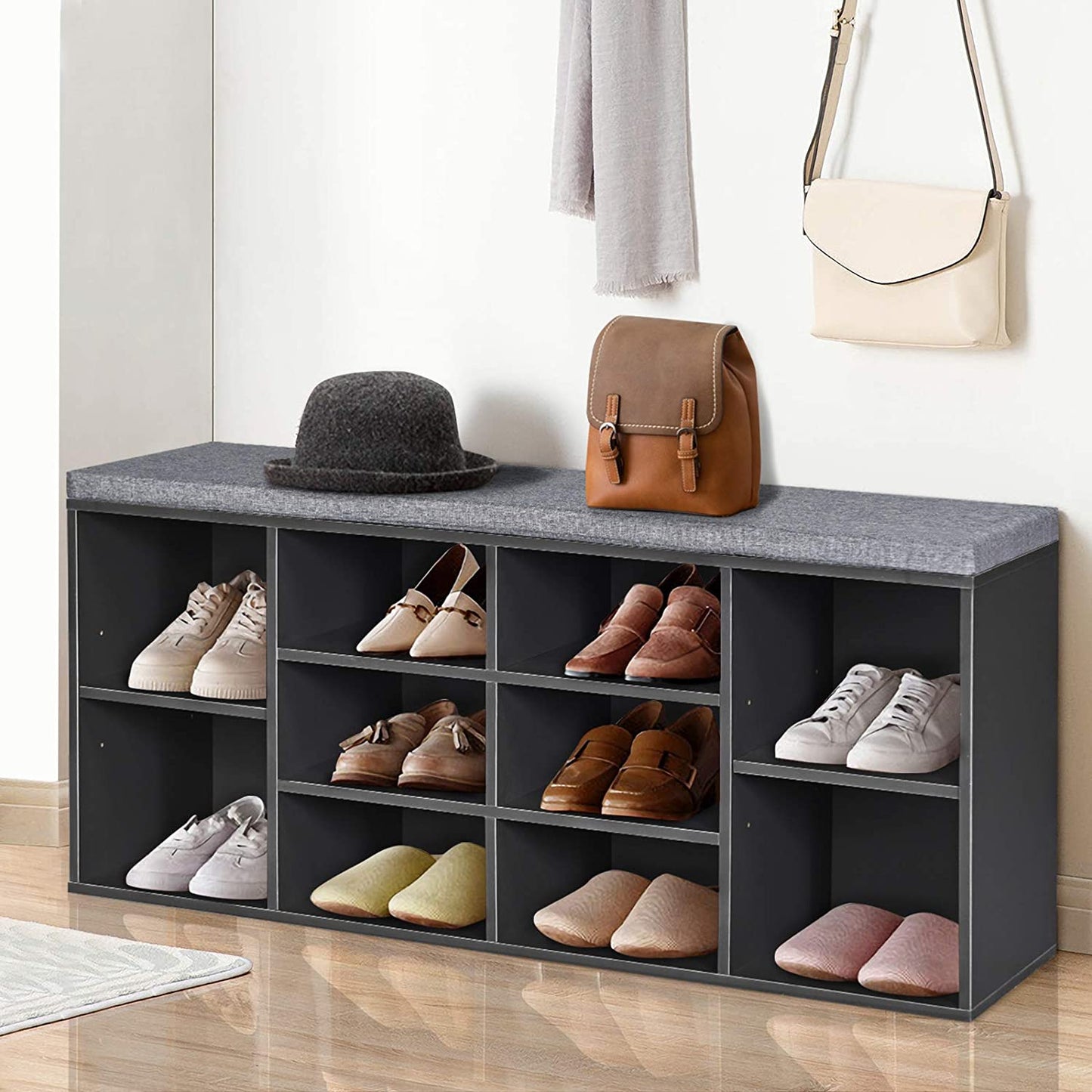10-Cube Storage Bench Cabinet with Adjustable Shelves-Black