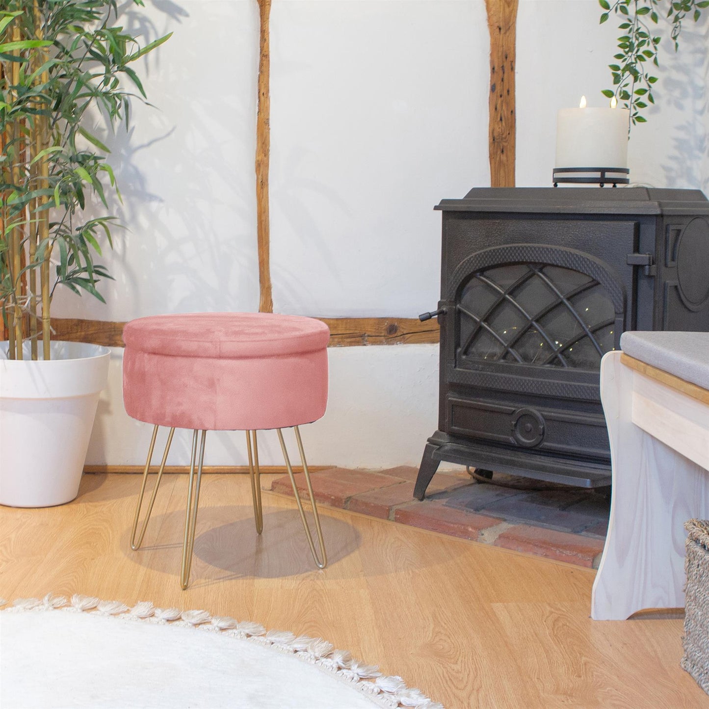Pink Round Velvet Storage Footstool
