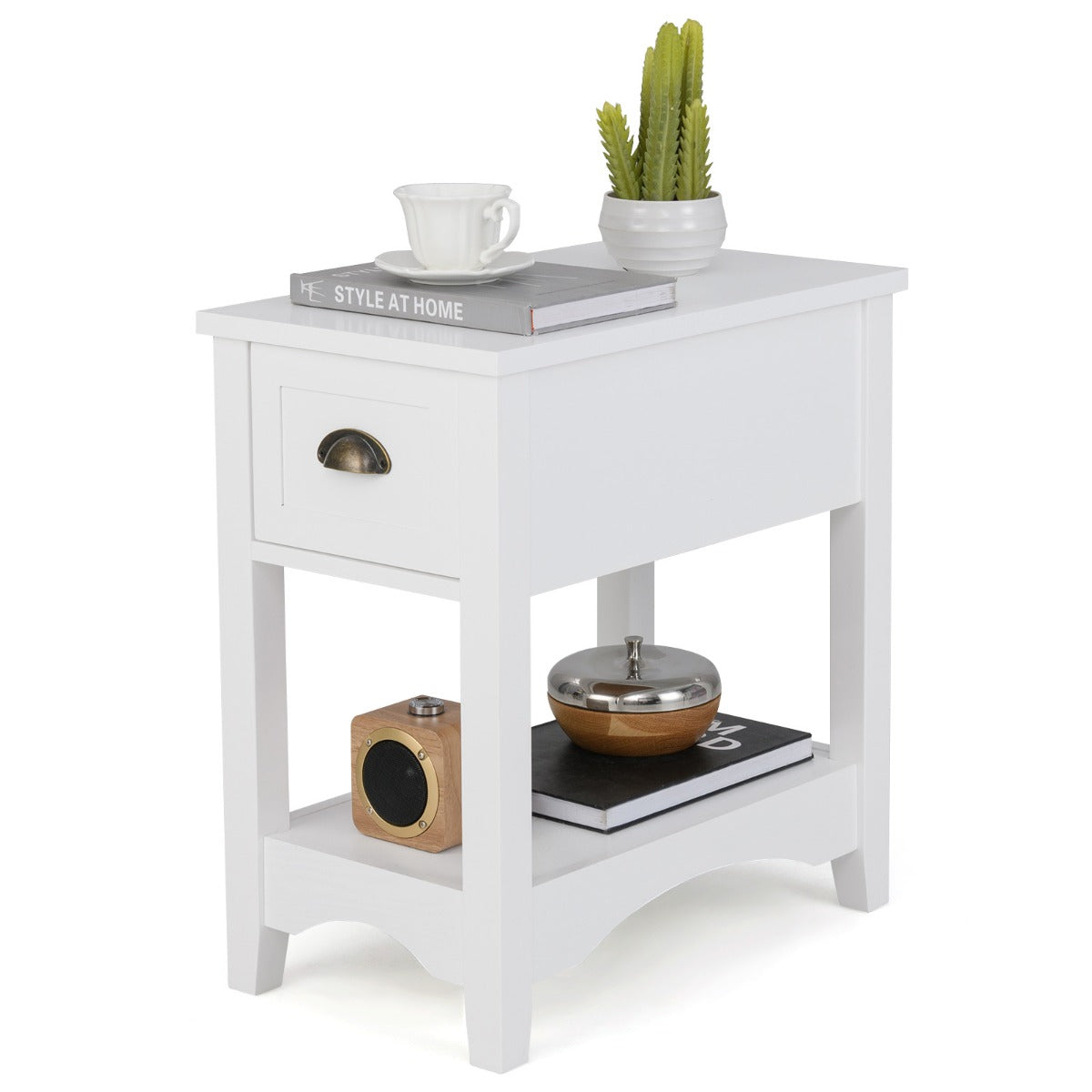 Rectangular Nightstand with 1 Drawer 1 Storing Shelf and 4 Solid Rubber wood Legs-Black