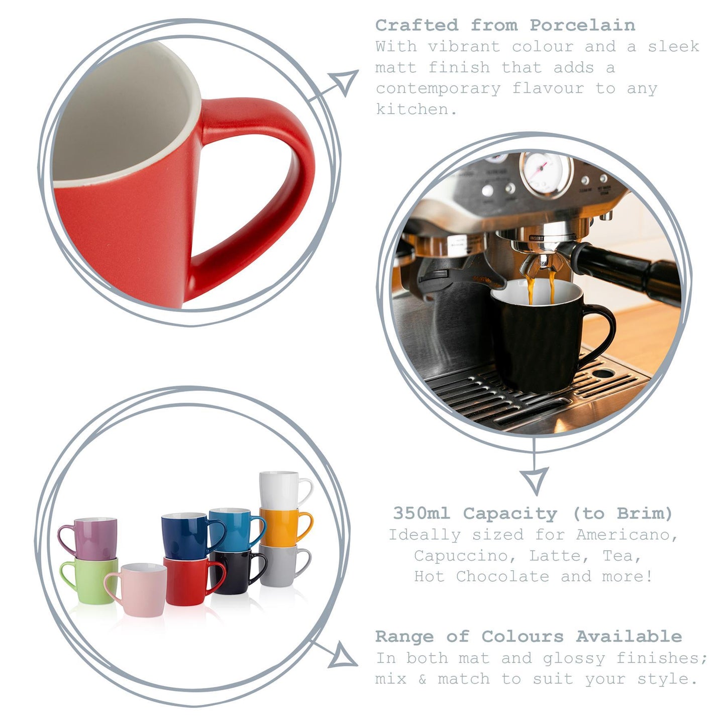 350ml Matt Grey Coloured Coffee Mugs - Pack of Six