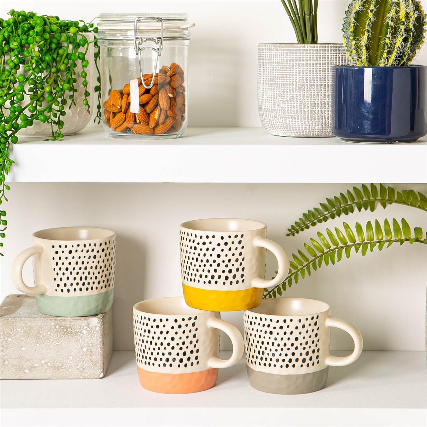 385ml Colour Block Spot Portuguese Stoneware Coffee Mugs - 4 Colours