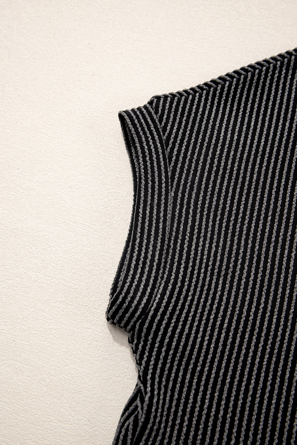 Light Blue Corded Knit Color Block Pocketed Crew Neck T Shirt
