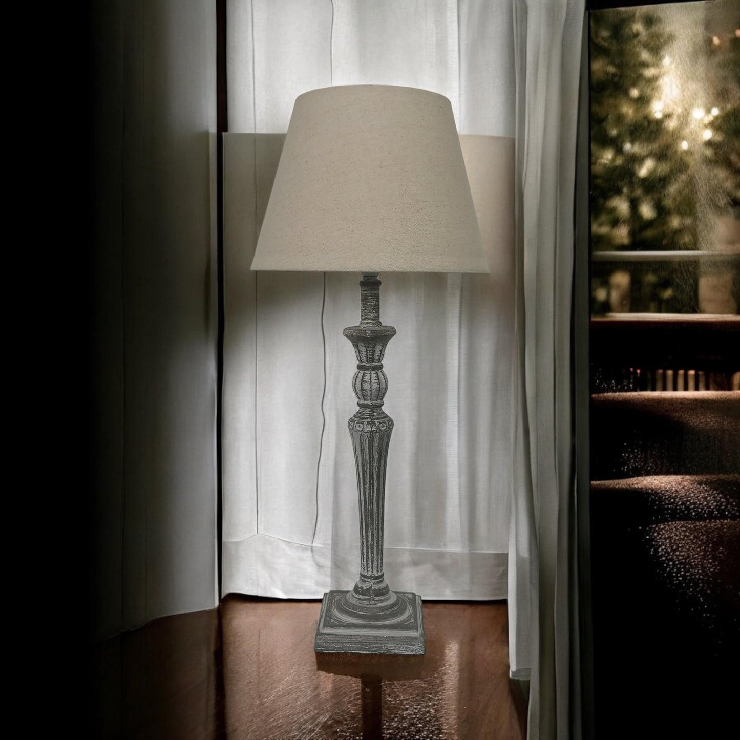 AcaciaHome Modern Tall Wooden Washed Table Lamp - Traditional Shabby Chic Design with Taupe Linen Shade, Wood Effect Finish for Living Rooms, Bedrooms, or Hallways Decor (32cm Grey with Cream Shade)