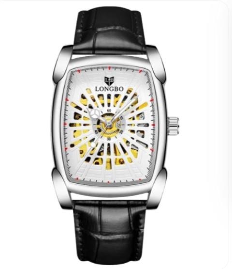 NY London Mens Automatic Hollow mechanical Dial Analogue Silver/Black Leather Strap Watch